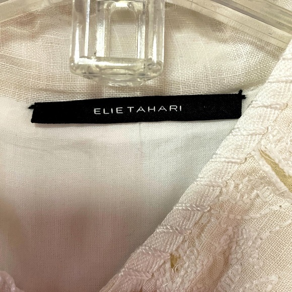 Elie Tahari White Linen Embroidered Overlay Button Blouse Fitted Sz M - Picture 3 of 7